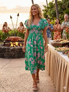 Green & Lavender Floral Flowy Hawaiian Tropical Summer Spring Maxi Dress Size L